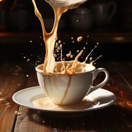 Coffee splash in a cup on a wooden background, close upの素材