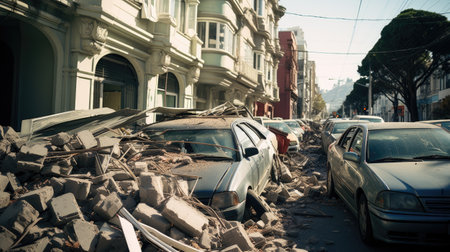 Cars in the middle of the street after a big earthquake.の素材