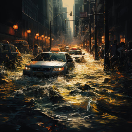Car driving through a flooded street in the city during a flood.の素材