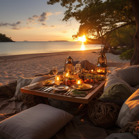 Tables set for a romantic dinner on the beach at sunset.の素材