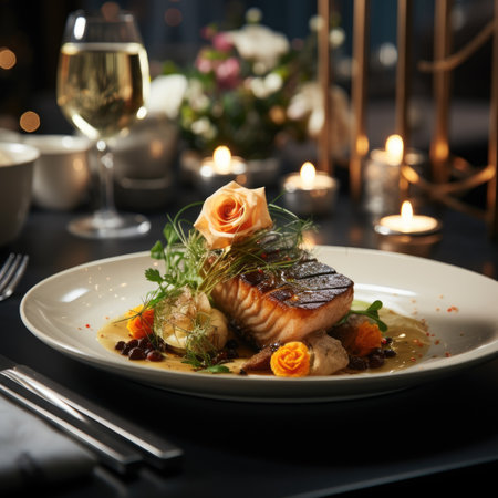 salmon steak with sauce on the table in the restaurant.の素材