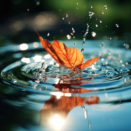 Autumn leaf falling into water with ripples and ripples.の素材