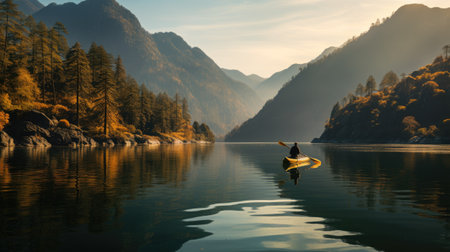 Fisherman in a kayak on a lake in the mountainsの素材