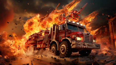 Firefighting vehicle in flames.の素材