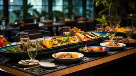Buffet table in a restaurant with a variety of meals and drinksの素材