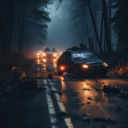 Car on the road in the forest at night with fog and lightsの素材