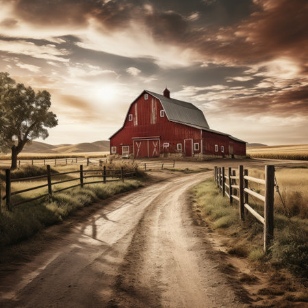 American Countryside with Red Barn and Fence at Sunset in Autumnの素材