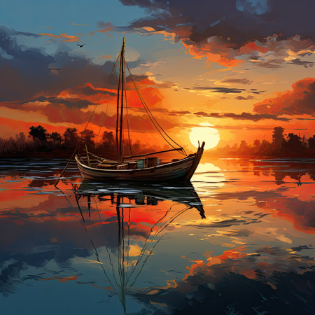 Fishing boat on the lake at sunset.の素材