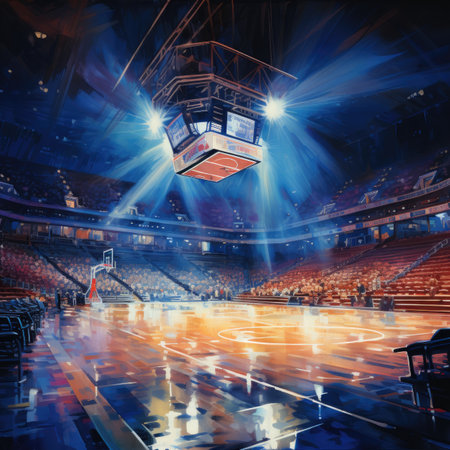 Basketball arena with lights and ball. Sport background.の素材