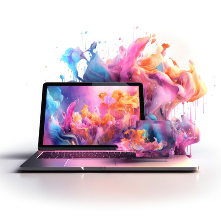 Laptop computer with colorful paint splashes isolated on white background.の素材