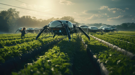 Agriculture sprayer spraying pesticide on agricultural field in the morningの素材