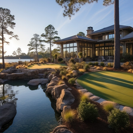 Landscape view of a luxury home in the middle of a lake.の素材