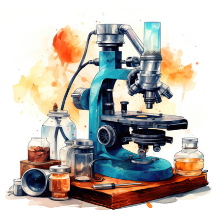 Microscope and laboratory equipment on watercolor background.の素材