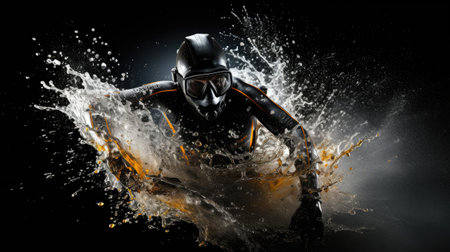 Cyclist with helmet and water splashes on black background.の素材