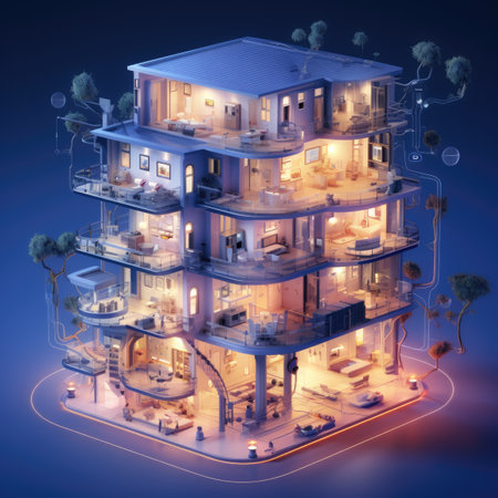 A modern house on a blue background with lightsの素材