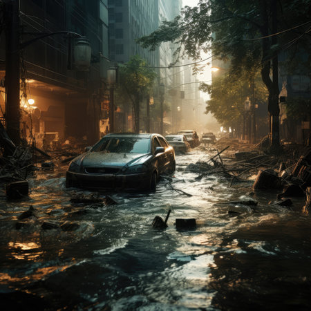 Car driving through flood at nightの素材
