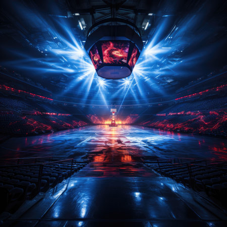 Empty stage with spotlights, smoke and spotlights.の素材