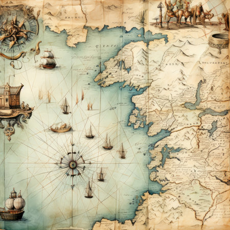 Vintage map of the old world with ships and nautical themeの素材