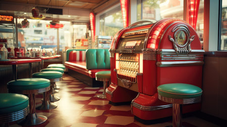 Vintage red and green retro piano in coffee shopの素材