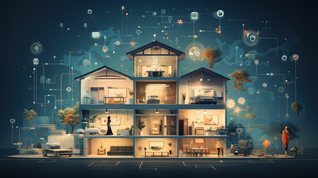 Modern house concept with connected lines and icons.の素材