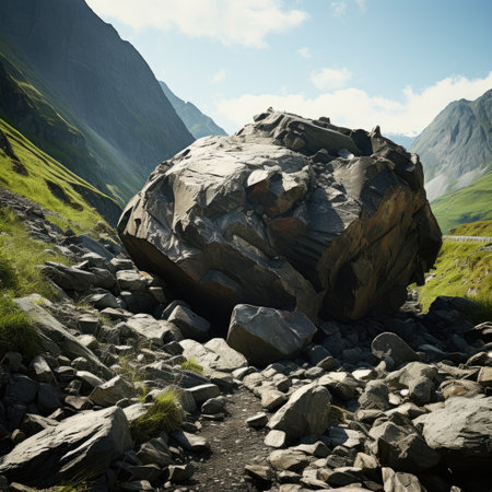 Mountain landscape with rocks in the foreground and a path in the backgroundの素材