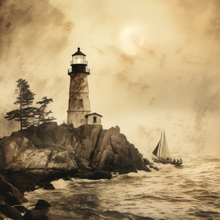 Lighthouse on the rocky coast with a sailboat in the backgroundの素材