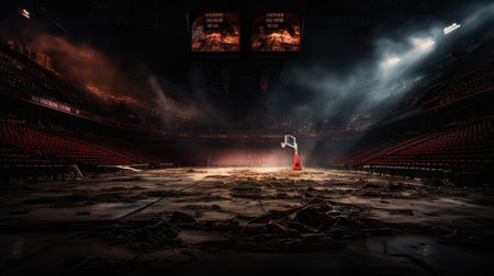 Inside view of empty sports arena with lights and smoke. The concept of sport, competition, entertainment.の素材