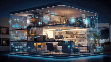 Modern office interior with computer and city view.の素材