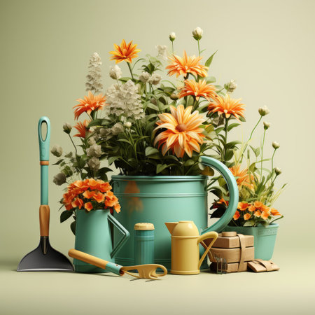 Gardening tools and flowers in a watering can on a green backgroundの素材