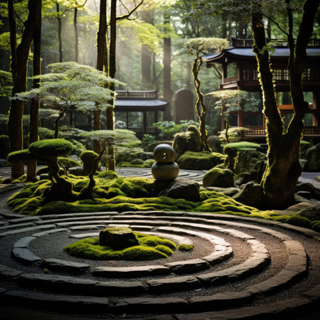 Japanese garden with stone circle in the middle of a green forest.の素材