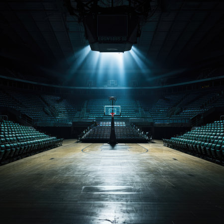 Empty sports arena with floodlights and seats for basketball, sport conceptの素材