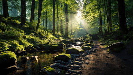 Sunlight in a green forest with rocks and trees in the foregroundの素材
