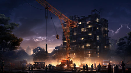 Industrial construction site with cranes at night.の素材