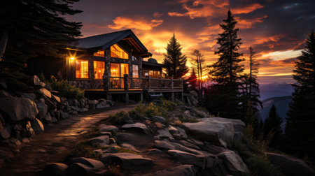 Sunset in the mountains with a wooden house in the foreground.の素材