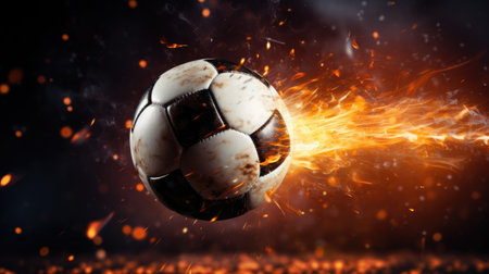 Soccer ball in fire flames on black background.の素材