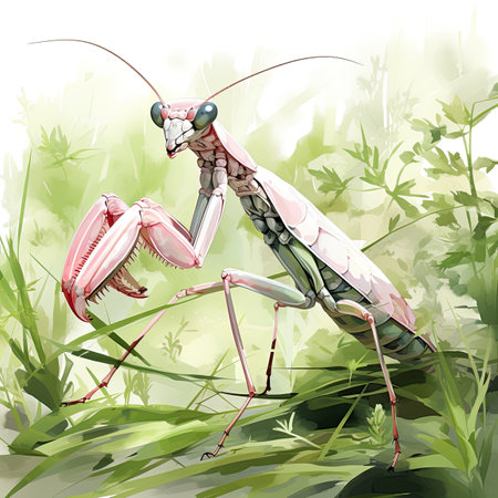 Praying mantis on green grass background.の素材