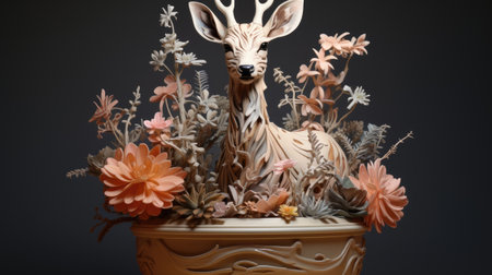 Decorative deer made of flowers and grass in a vase.の素材