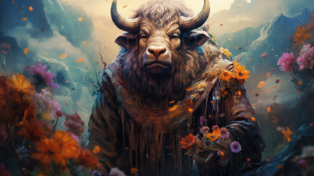 Fantasy image of a buffalo in the forest.の素材