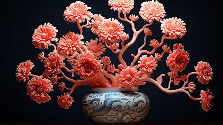 red flowers in vase over dark blue backgroundの素材