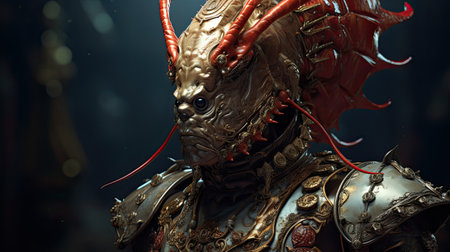 Close-up portrait of a dragon in armor.の素材