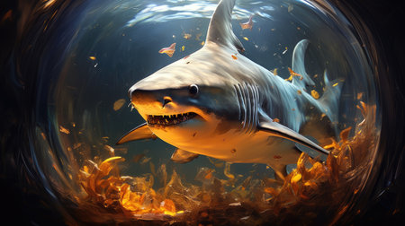 Great White Shark swimming in the Fireの素材