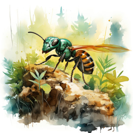 a green wasp on a rock in the grassの素材