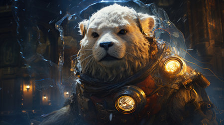 Lion in an astronaut suit with a helmet and gas mask.の素材