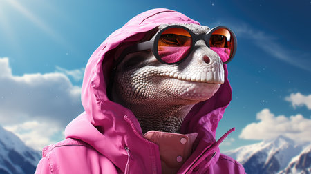 Cute hippo wearing pink jacket and sunglasses against blue sky with cloudsの素材