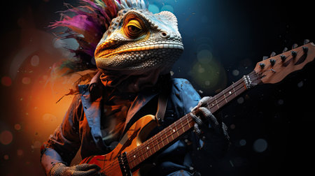 Portrait of a man with an electric guitar on a dark background.の素材