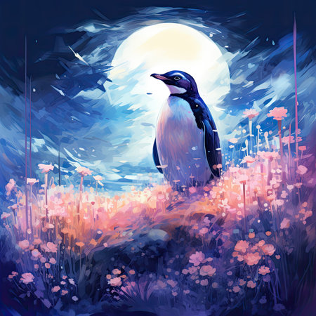 Penguin in the meadow at nightの素材