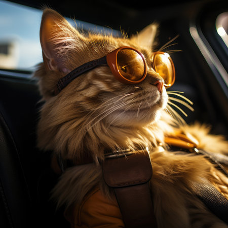 Cute Maine Coon cat wearing sunglasses sitting in a car.の素材