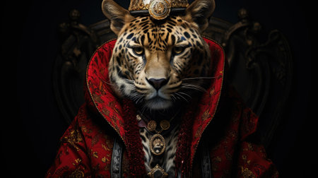Leopard in a red medieval costume. Portrait of a beautiful wild animal.の素材