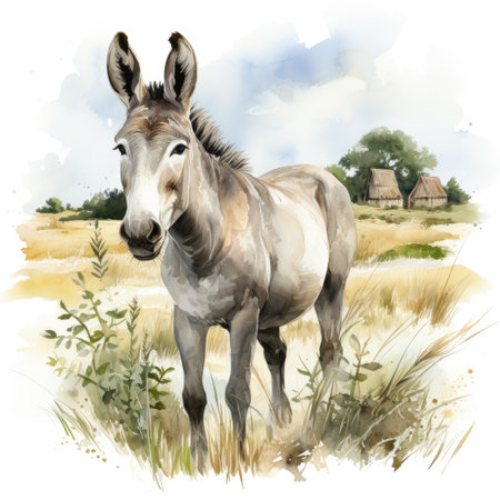 Watercolor portrait of a donkey in the field.の素材