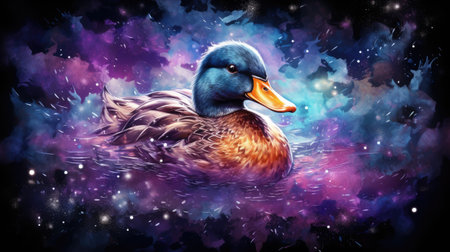 a beautiful wild duck swimming in the night sky.の素材